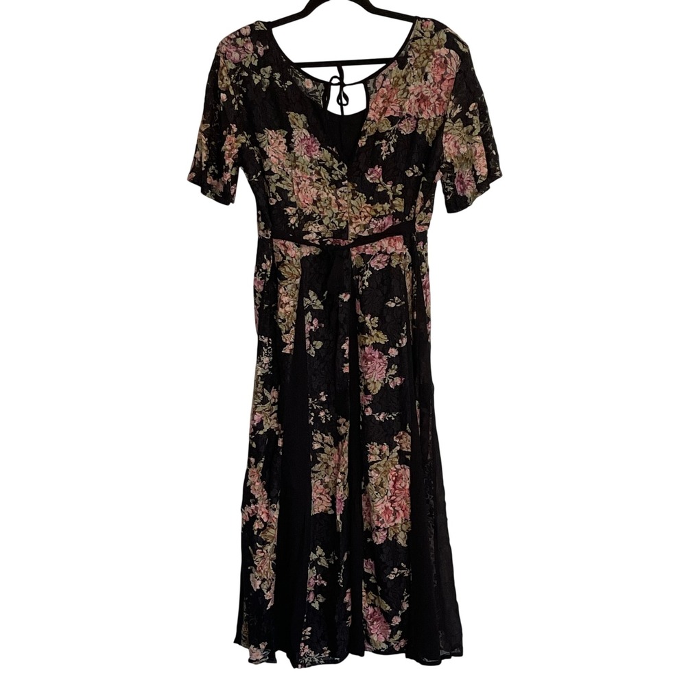 Olivia Black Floral Lace Midi Dress Short Sleeve Tie Back Pink Green Large - Picture 2 of 8